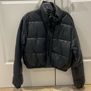 Zara Faux Leather Black Cropped Puffer Coat